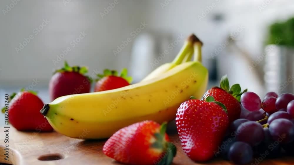 Blurred kitchen backdrop featuring fresh fruit on a wooden cutting board, ideal for culinary displays. Blurred kitchen backdrop featuring fresh fruit on a wooden cutting board, ideal for culinary displays.