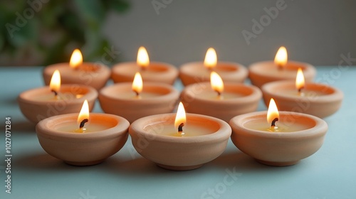 Beautiful setup of traditional clay diyas lit with soft golden flames arranged neatly on a minimalist pastel background exuding the warmth and light of the Diwali festival in an elegant way