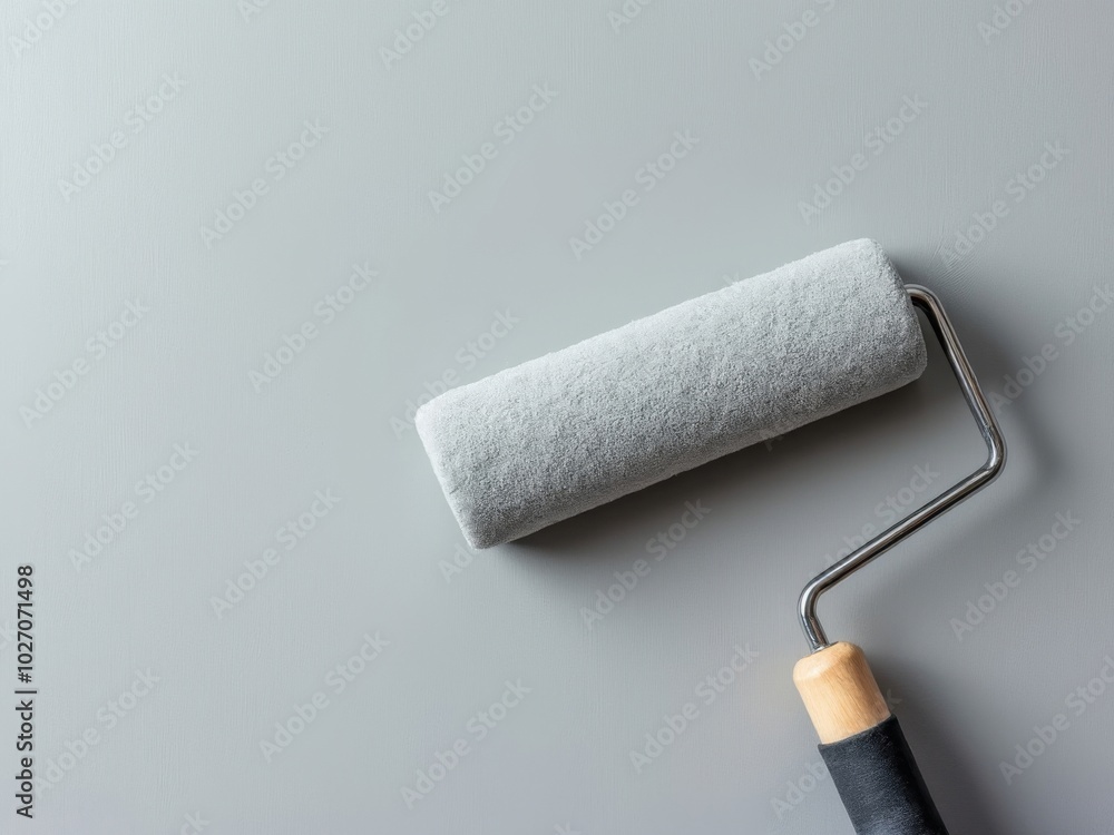 Obraz premium Minimalist composition of a paint roller with a wooden handle on a smooth gray background, representing painting tools and home renovation