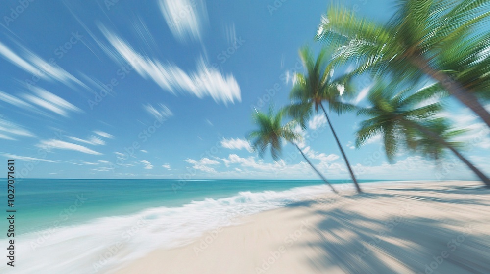 Serene Tropical Beach with Palm Trees and Blue Sky Serene Tropical Beach with Palm Trees and Blue Sky