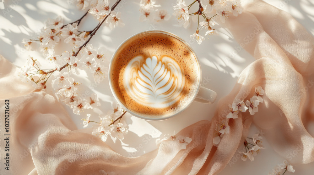 Serene latte art moment with cherry blossoms and silk scarf on a spring morning Serene latte art moment with cherry blossoms and silk scarf on a spring morning