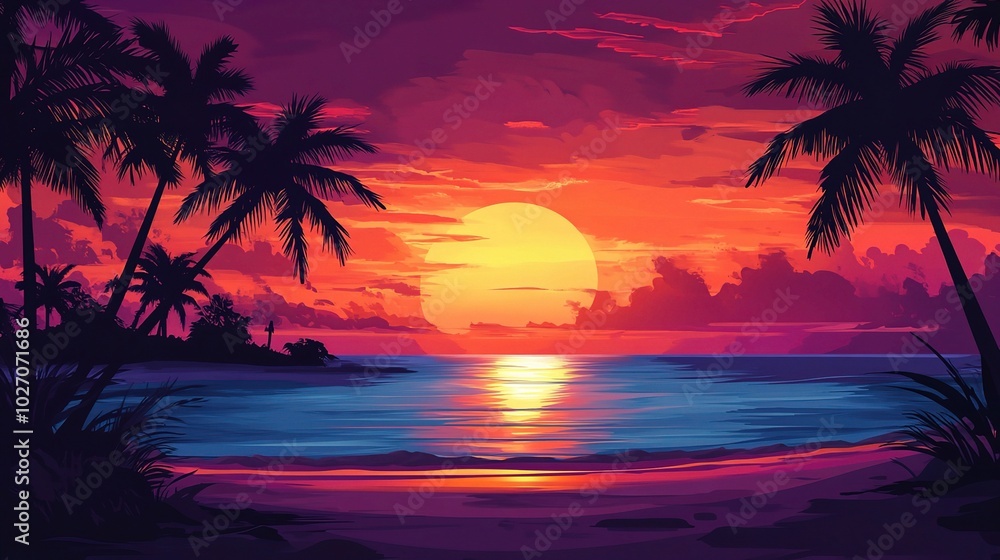 Tropical Sunset with Palms and Sea View Tropical Sunset with Palms and Sea View