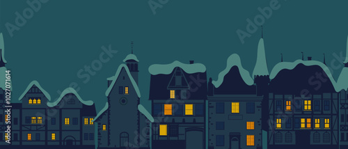 Winter Christmas town seamless pattern