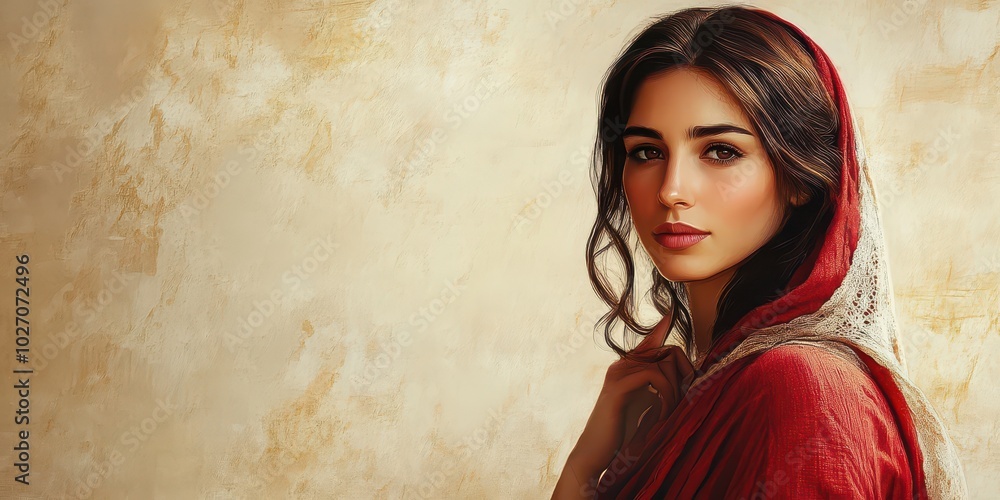 Fototapeta premium Middle Eastern Woman with Brown Hair Against a Cream Background Capturing Beauty and Culture