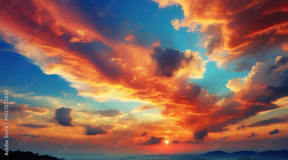 A serene sunset over a calm body of water, featuring vibrant hues of orange, A serene sunset over a calm body of water, featuring vibrant hues of orange,