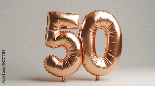 Shiny metallic rose gold number 50 balloon against isolated white background photo