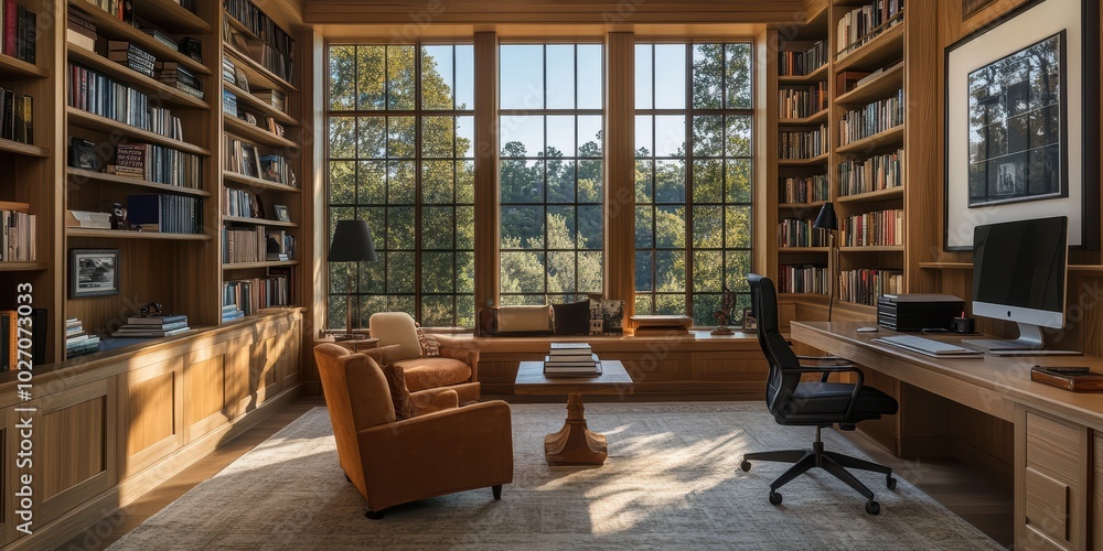 Stylish Home Office and Library with Custom Built-in Bookshelves for a Cozy and Productive Workspace Stylish Home Office and Library with Custom Built-in Bookshelves for a Cozy and Productive Workspace