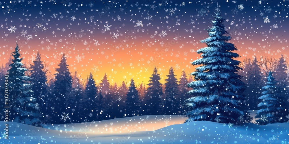 Naklejka premium Winter Wonderland Captivating Pine Forest Landscape Under Soft Snowfall at Dusk