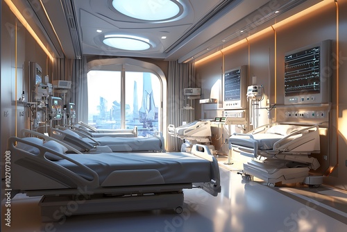 Technologically advanced ICU area shown with sophisticated medical beds.