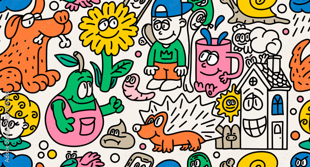 Fototapeta premium Activities funny doodle seamless pattern. Template hand drawn vector Illustration of doodle, line tools drawing. Seamless pattern monsters doodle cartoon crowd hand drawn doodle style.