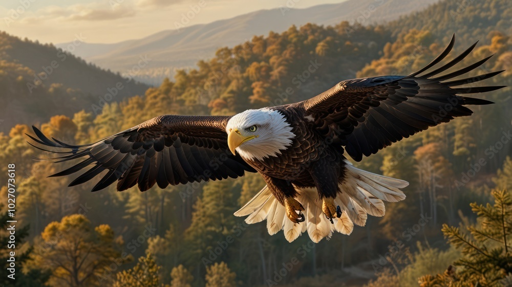 Obraz premium A powerful eagle, its sharp eyes scanning the landscape below, soars through the sky.