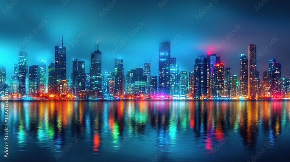 Fototapeta premium Vibrant Cityscape at Night with Reflections and Lights
