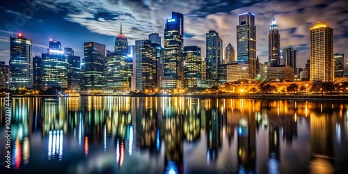 Urban photography inspiration showcasing a nighttime cityscape silhouette, featuring striking reflections of buildings against the dark, shimmering