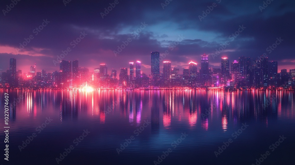 Vibrant Night Cityscape Reflecting on Water Surface Vibrant Night Cityscape Reflecting on Water Surface