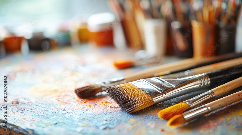 Fototapeta premium Colorful Paints and Brushes on Artistic Table