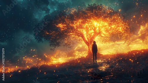 A Mystical Tree Burning With Fire in the Night Sky