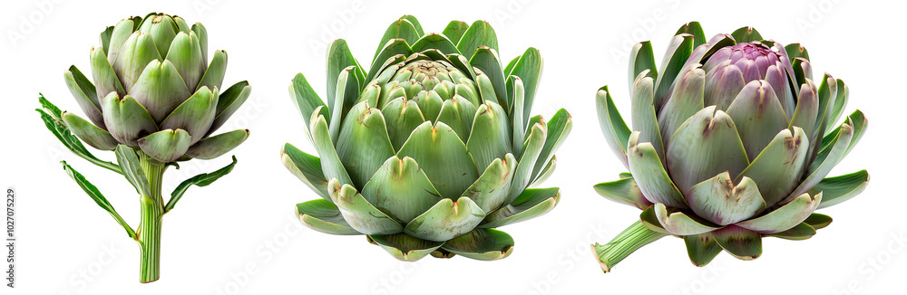Set of Green artichoke with a purple base is isolated on a white background. Set of Green artichoke with a purple base is isolated on a white background.