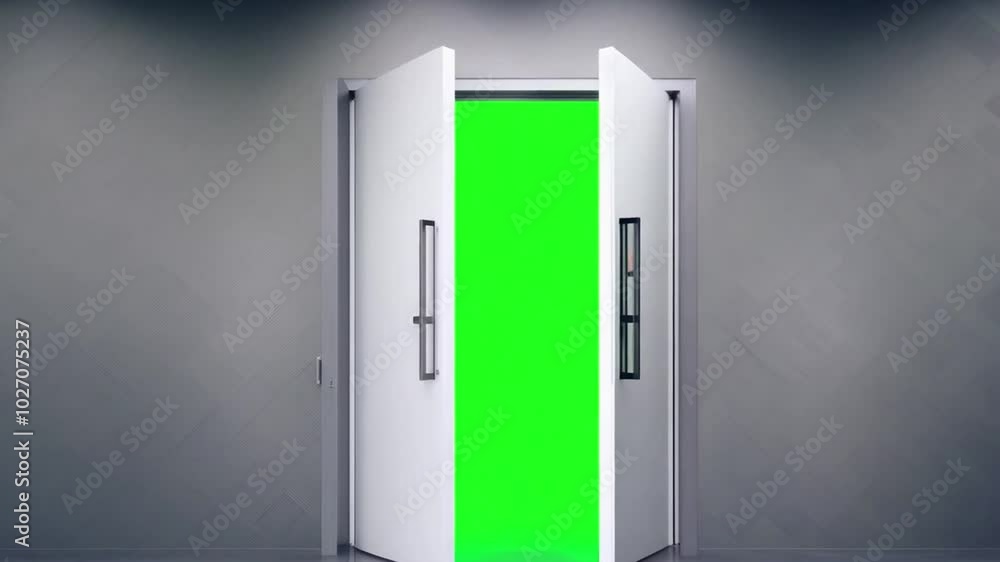 White modern entrance door opening to a green screen. Generative AI White modern entrance door opening to a green screen. Generative AI