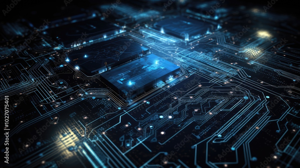 Futuristic Blue Circuit Board Close-Up Futuristic Blue Circuit Board Close-Up