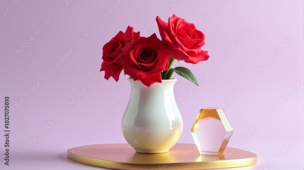 Porcelain Vase With Bright Red Roses on a Soft Lavender Background. Porcelain Vase With Bright Red Roses on a Soft Lavender Background.