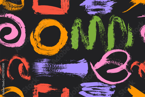 Seamless pattern with funky abstract shapes drawn with color brush. Bold scribble forms and basic shapes, thick and thin brush strokes squiggles. Naive playful wallpaper in retro cartoon style.