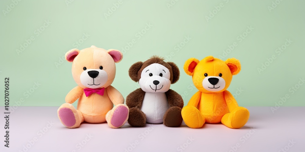 Three stuffed teddy bears are sitting on a table Three stuffed teddy bears are sitting on a table