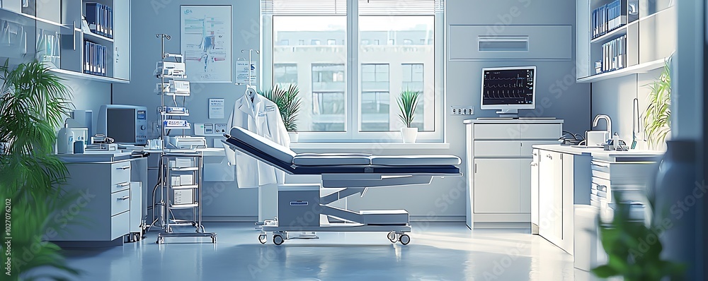 Contemporary medical office with an unoccupied desk, therapy bed, and essential medical instruments.