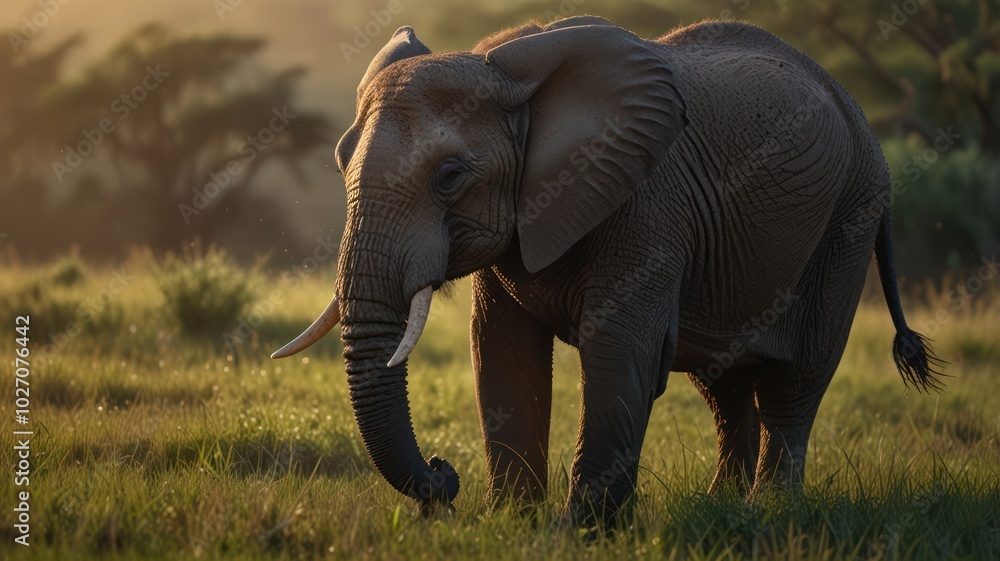 Fototapeta premium An African elephant stands tall, its tusks curving upwards in the golden light.
