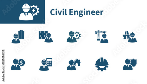 Civil engineer icon. Set of symbols on the topic of construction, engineering, buildings, electrical engineers, cost estimates, work. Solids vector symbol.