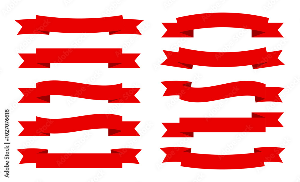 Red ribbon banners icon collection. Vector red ribbon banners isolated on a white background. Set of 10 ribbons. Ribbon banner icon set in red color. Vector illustration. Red ribbon banners icon collection. Vector red ribbon banners isolated on a white background. Set of 10 ribbons. Ribbon banner icon set in red color. Vector illustration.
