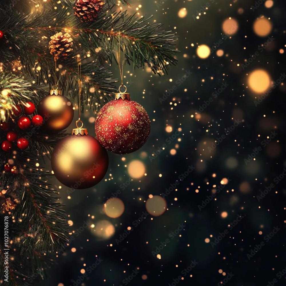 Christmas Background with Christmas Decoration with gold and red baubles Christmas Background with Christmas Decoration with gold and red baubles