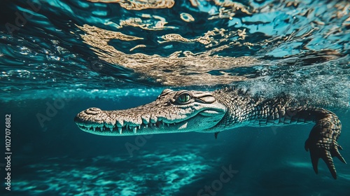 Crocodile Lurking in Calm Water Underneath Surface