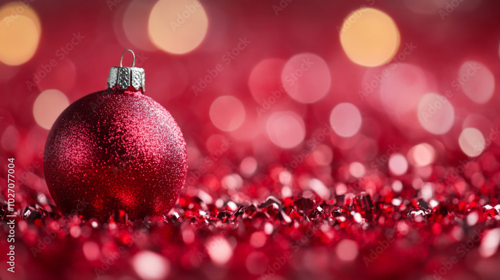 Vibrant red Christmas ornament resting on bright red glitter background Vibrant red Christmas ornament resting on bright red glitter background