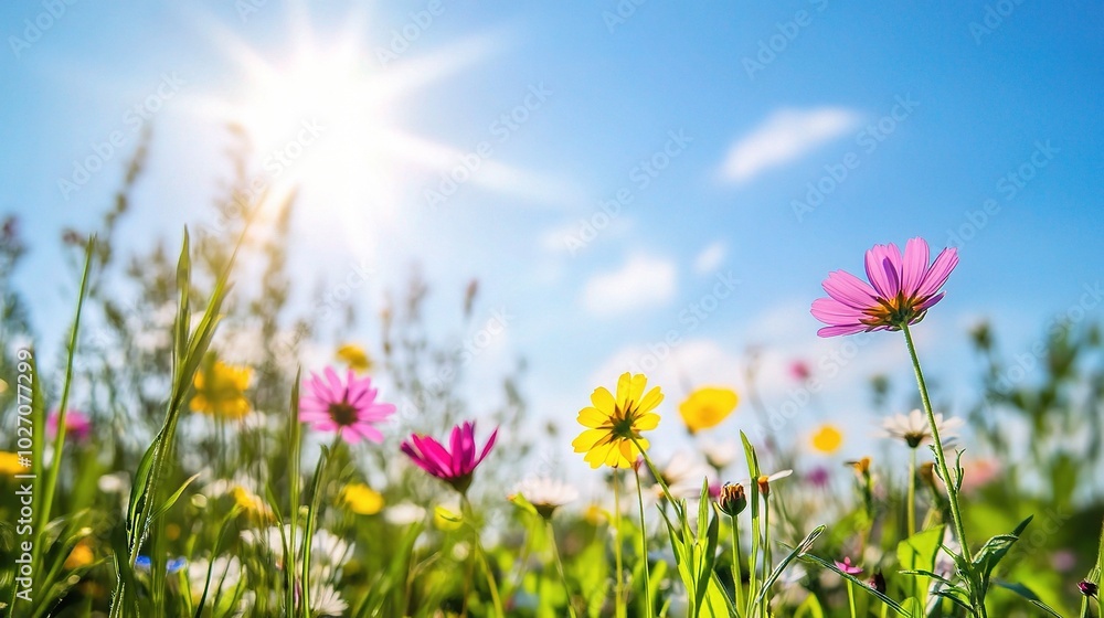 Bright Flower Field Under Clear Blue Sky Bright Flower Field Under Clear Blue Sky