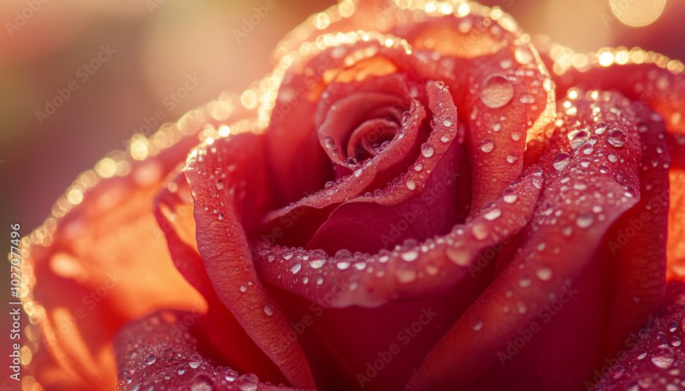 Close-up of a delicate rose with dew drops in soft morning light Close-up of a delicate rose with dew drops in soft morning light