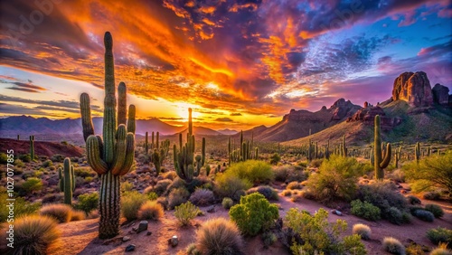 Vibrant Arizona desert sunset highlights stunning cacti and rugged rocks, showcasing nature's breathtaking beauty in a serene, panoramic landscape