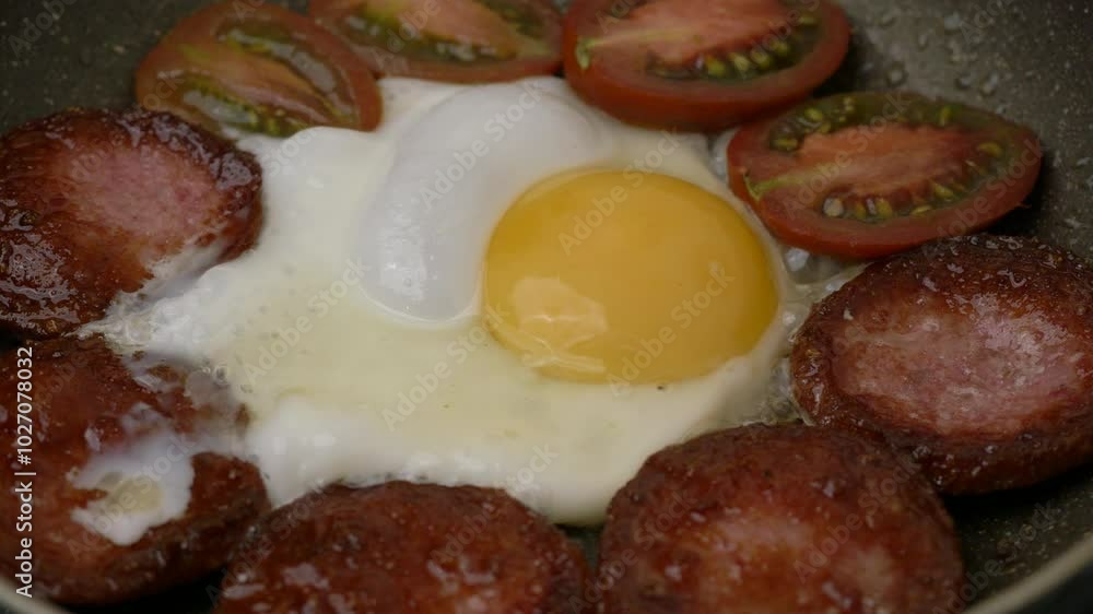 Frying an egg with sausages and tomatoes Frying an egg with sausages and tomatoes