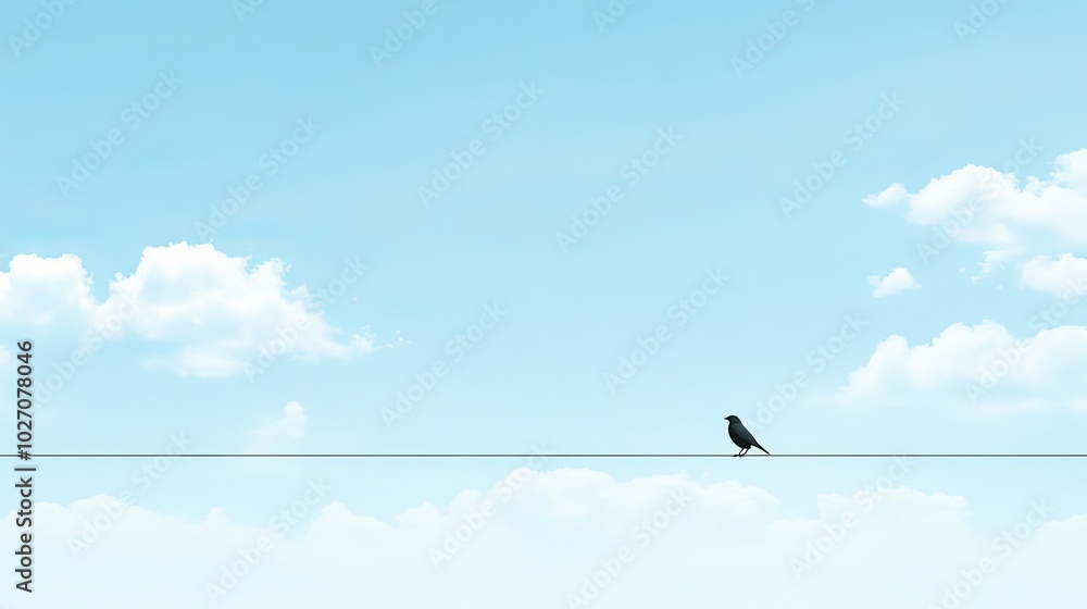Bird Perched on Wire Against Soft Blue Sky