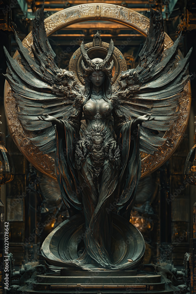 fantasy art, angel in black, goddess of earth and sky statue in front of massive golden portal, ehtereal, symmetrical details, photorealistic fantasy art, angel in black, goddess of earth and sky statue in front of massive golden portal, ehtereal, symmetrical details, photorealistic