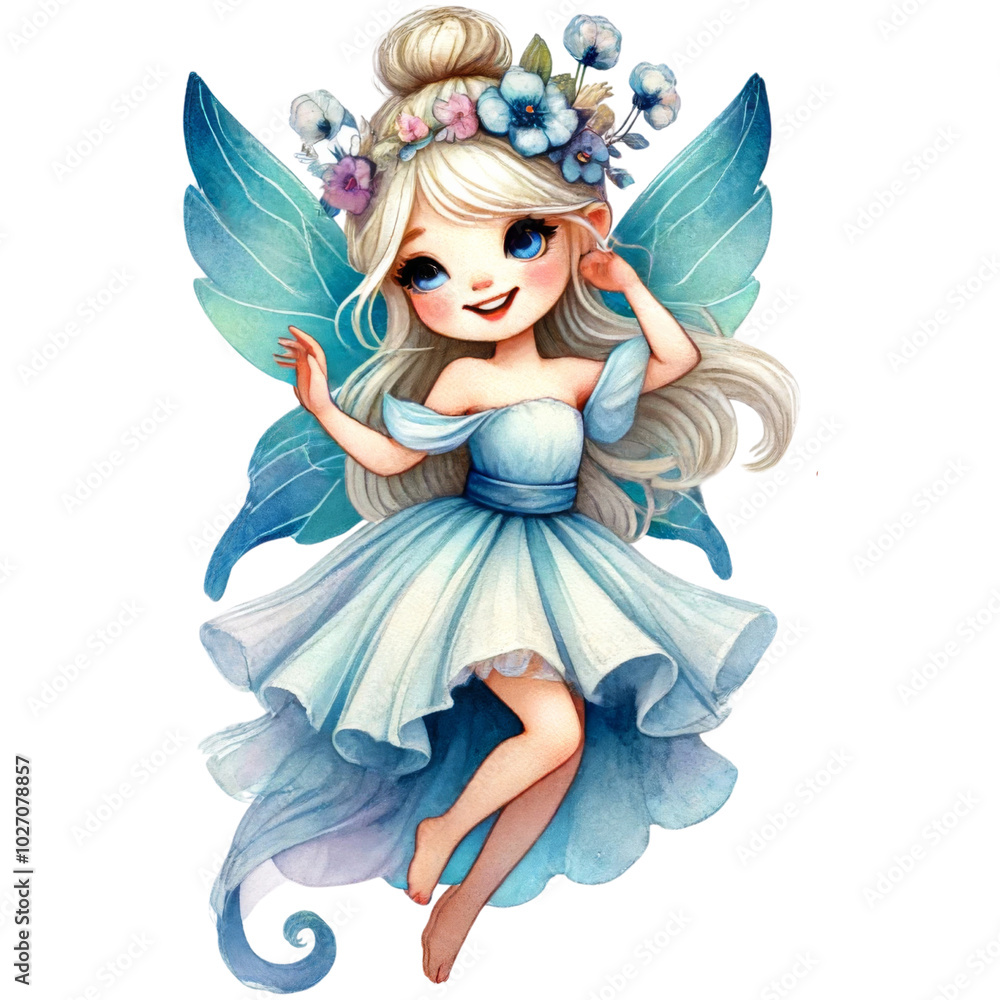 Beautiful fairy girl with floral crown and butterfly wings. Watercolor sticker isolated on transparent background. Beautiful fairy girl with floral crown and butterfly wings. Watercolor sticker isolated on transparent background.