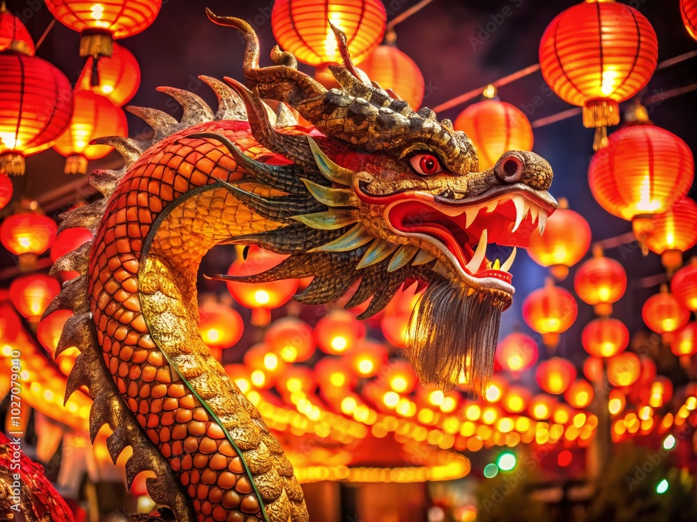 Fototapeta premium Vibrant Chinese New Year Dragon with Red Lanterns and Calligraphy Celebration