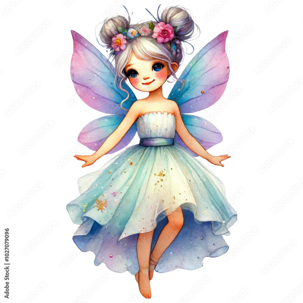 Beautiful fairy girl with floral crown and butterfly wings. Watercolor sticker isolated on transparent background. Beautiful fairy girl with floral crown and butterfly wings. Watercolor sticker isolated on transparent background.