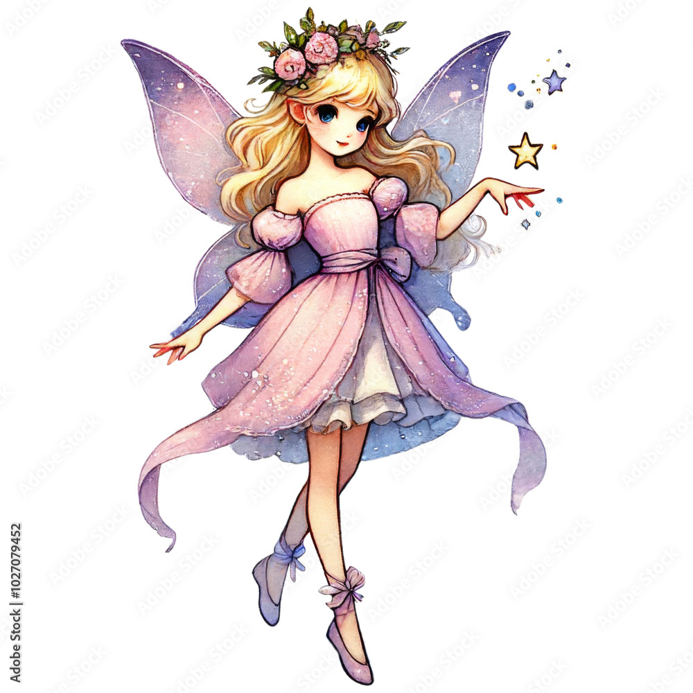 Beautiful fairy girl with floral crown and butterfly wings. Watercolor sticker isolated on transparent background. Beautiful fairy girl with floral crown and butterfly wings. Watercolor sticker isolated on transparent background.