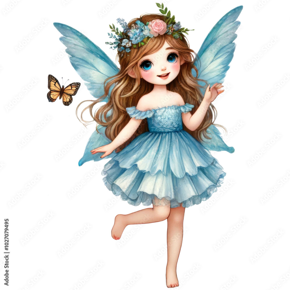 Fairy girl with wings and floral crown surrounded by flowers and butterflies. Watercolor isolated on transparent background. Fairy girl with wings and floral crown surrounded by flowers and butterflies. Watercolor isolated on transparent background.