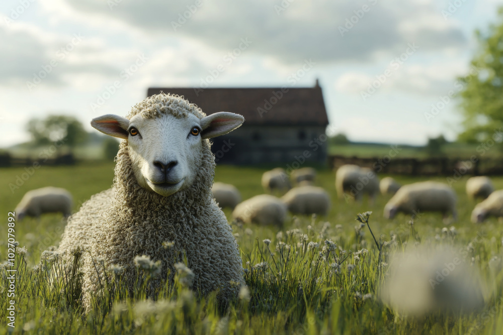 Fluffy sheep grazing peacefully in a serene farm landscape at midday Fluffy sheep grazing peacefully in a serene farm landscape at midday