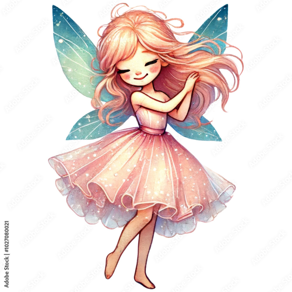 Fairy girl with light pink dress and large butterfly wings. Watercolor sticker isolated on transparent background. Fairy girl with light pink dress and large butterfly wings. Watercolor sticker isolated on transparent background.