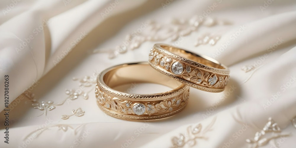 Wedding rings with copy space resting on a soft white silk fabric showcasing intricate engraving and diamond accents Wedding rings with copy space resting on a soft white silk fabric showcasing intricate engraving and diamond accents
