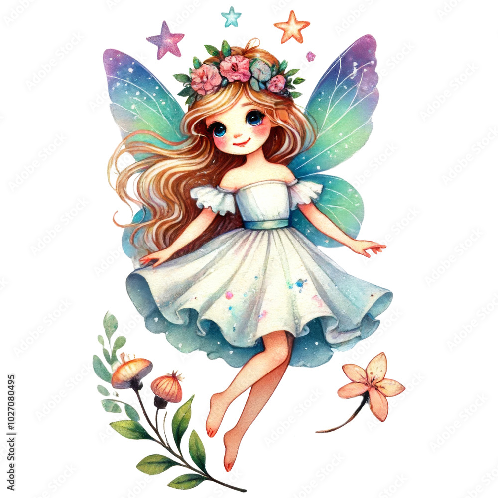 Fairy girl with floral crown, and gemstone accessory wearing a pastel dress. Watercolor sticker isolated on transparent background. Fairy girl with floral crown, and gemstone accessory wearing a pastel dress. Watercolor sticker isolated on transparent background.
