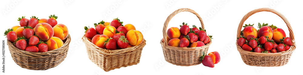 Baskets filled with fresh strawberries and peaches on a white isolated background. Baskets filled with fresh strawberries and peaches on a white isolated background.