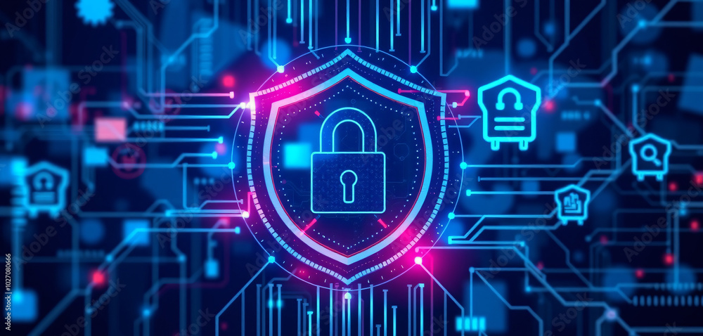 Cyber security shield with padlock and circuit design for protecting data and technology Cyber security shield with padlock and circuit design for protecting data and technology